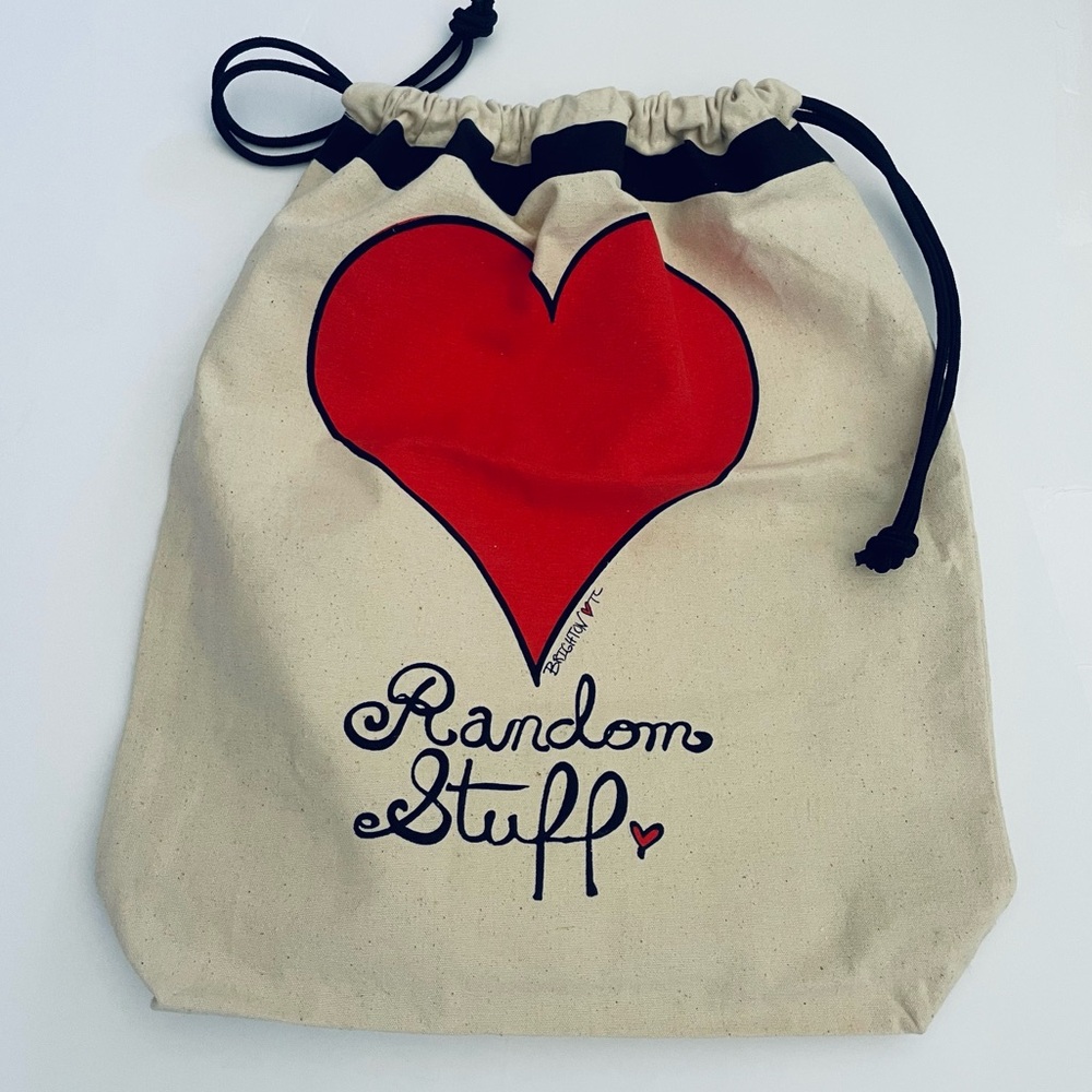 Brighton off white 100% Cotton Drawstring Bag Red Heart “Random Stuff” NWOT